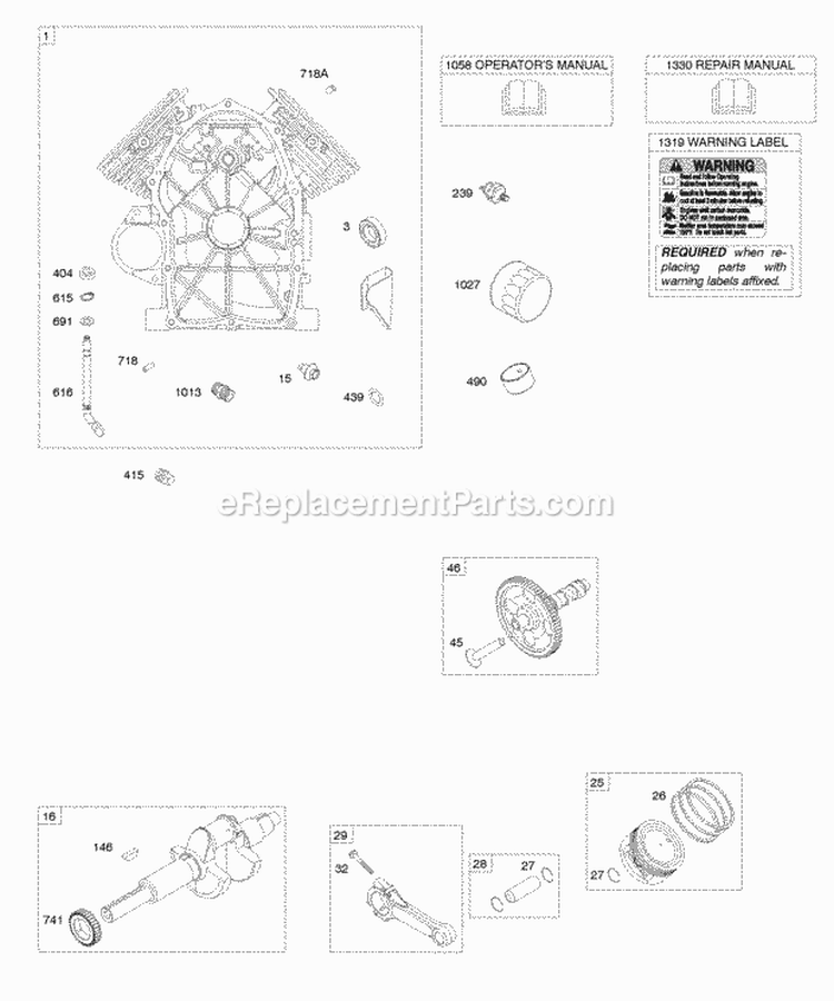Camshaft Cylinder Crankshaft PistonsRingsConnecting Rods Diagram and Parts List for 613177-0114-E1  Briggs and Stratton Engine